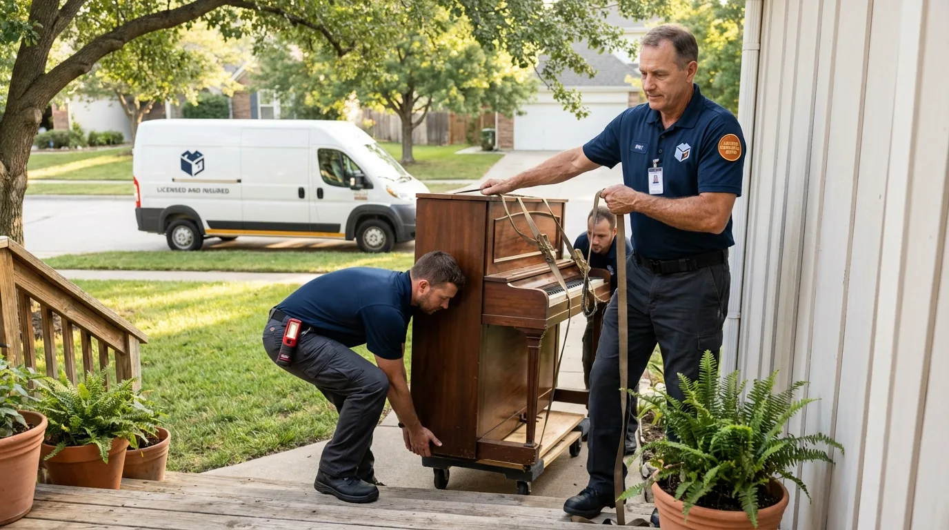 Licensed piano movers securing grand piano in Wright City, MO