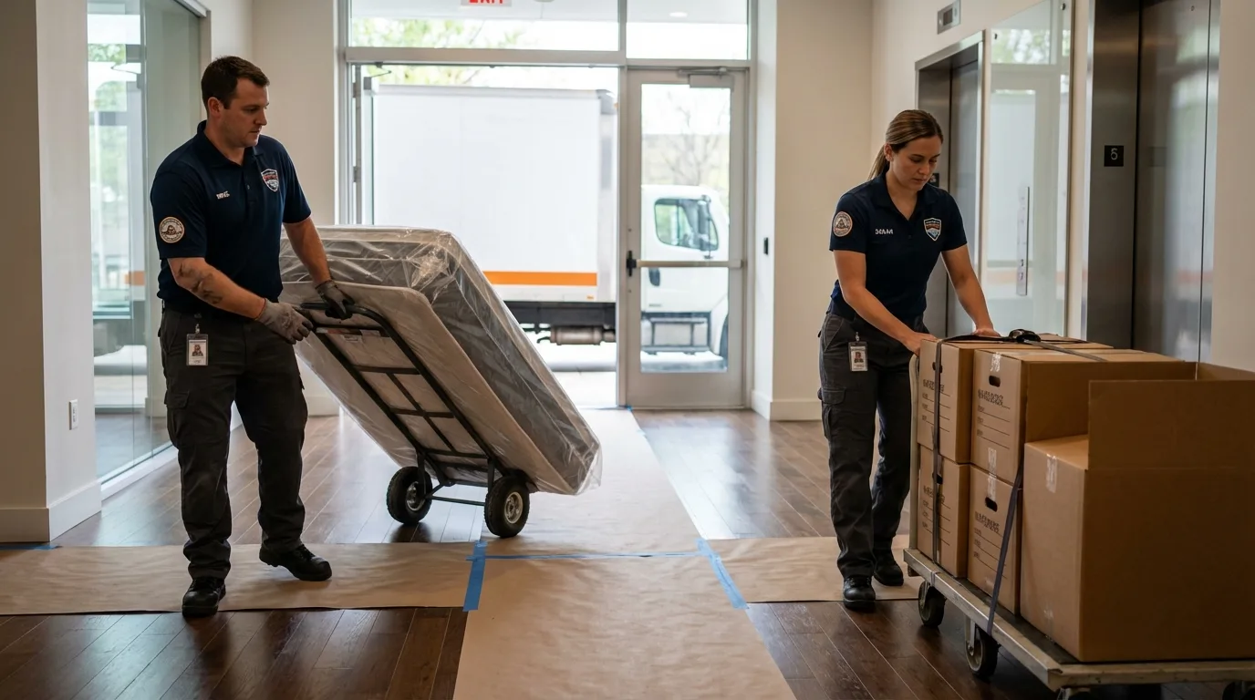 Professional apartment movers loading elevator in Wright City, MO